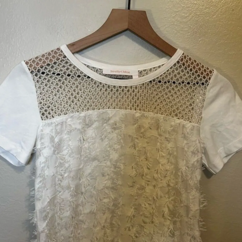 SEE BY CHLOE Short-Sleeve Textured Fringe Floral Jersey Shift Dress Cloud Dancer - Image 2