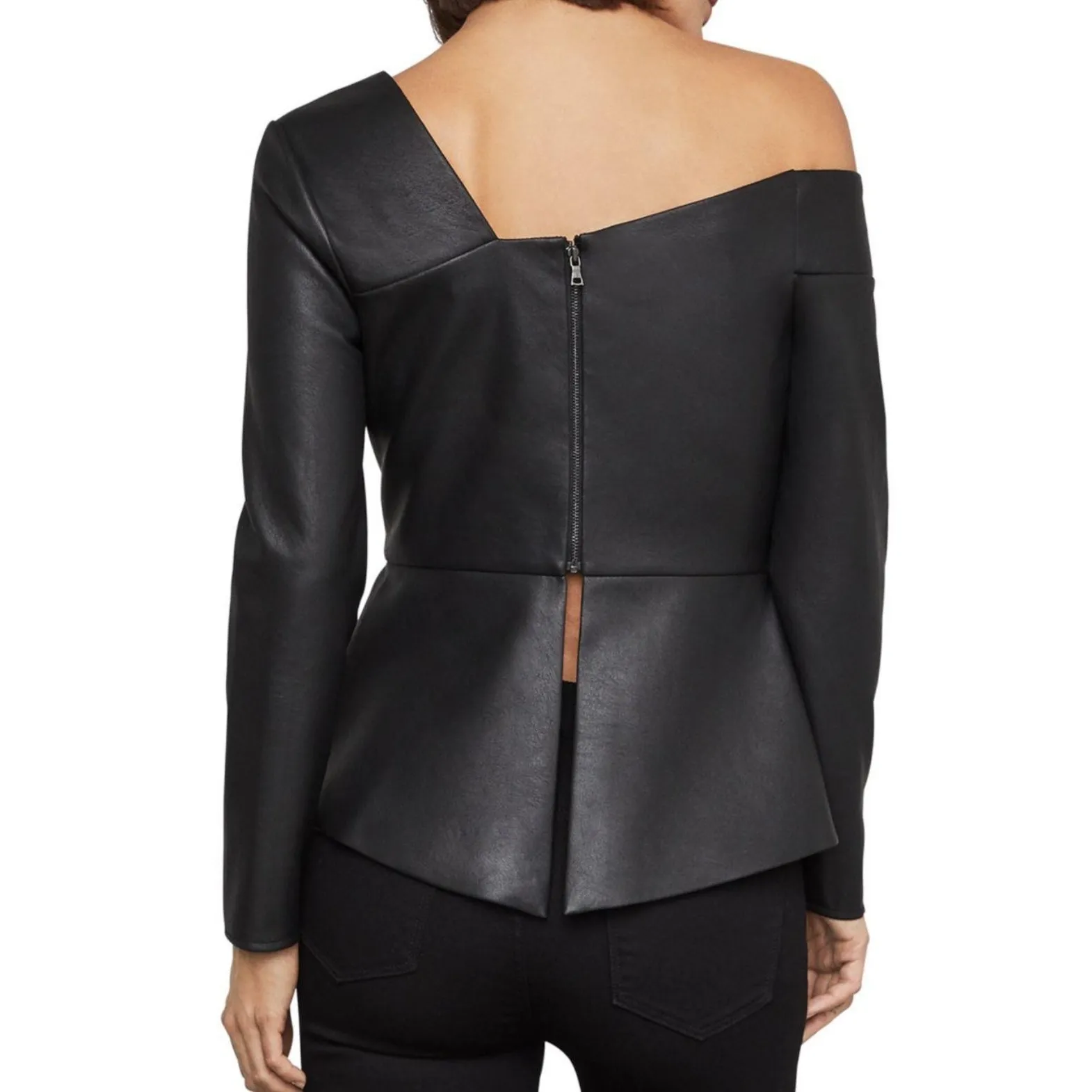 BCBGMAXAZRIA VEGAN LEATHER ONE SHOULDER BACK ZIP PEPLUM TOP EUC‎ SIZE 2 - Image 2