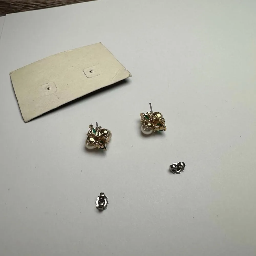 Lady Remington Faux Pearl Green Rhinestone Pierced Stud Earrings Gold Tone - Image 6