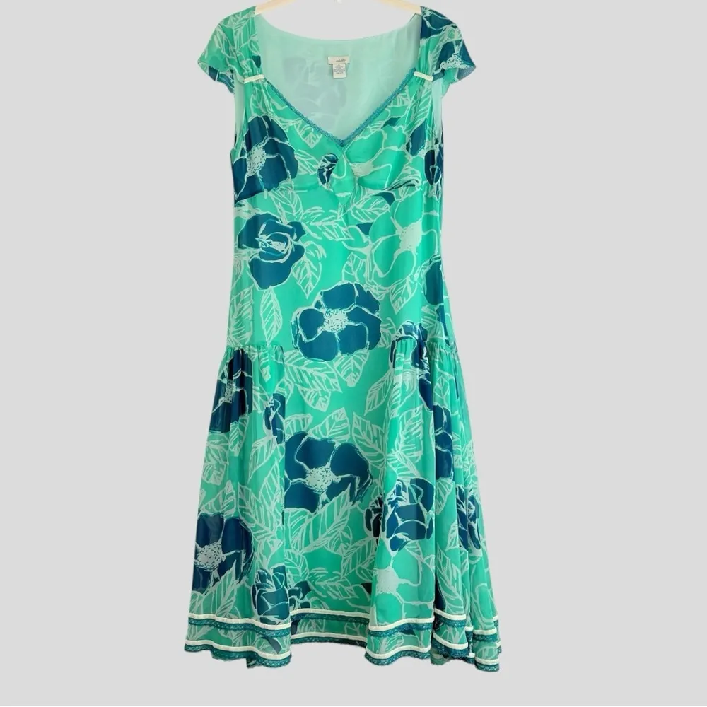Anthropology Odille Silk Babydoll Dress Sz. 6 Floral Green WhimsiGoth Fairycore Blue - Image 3