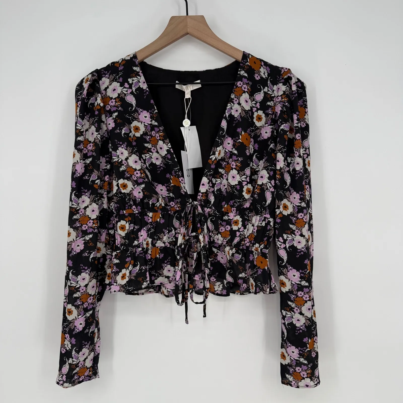WAYF Sammie Floral Print Tie Front Blouse‎ Long Sleeve Black Paisley Top M - Image 2