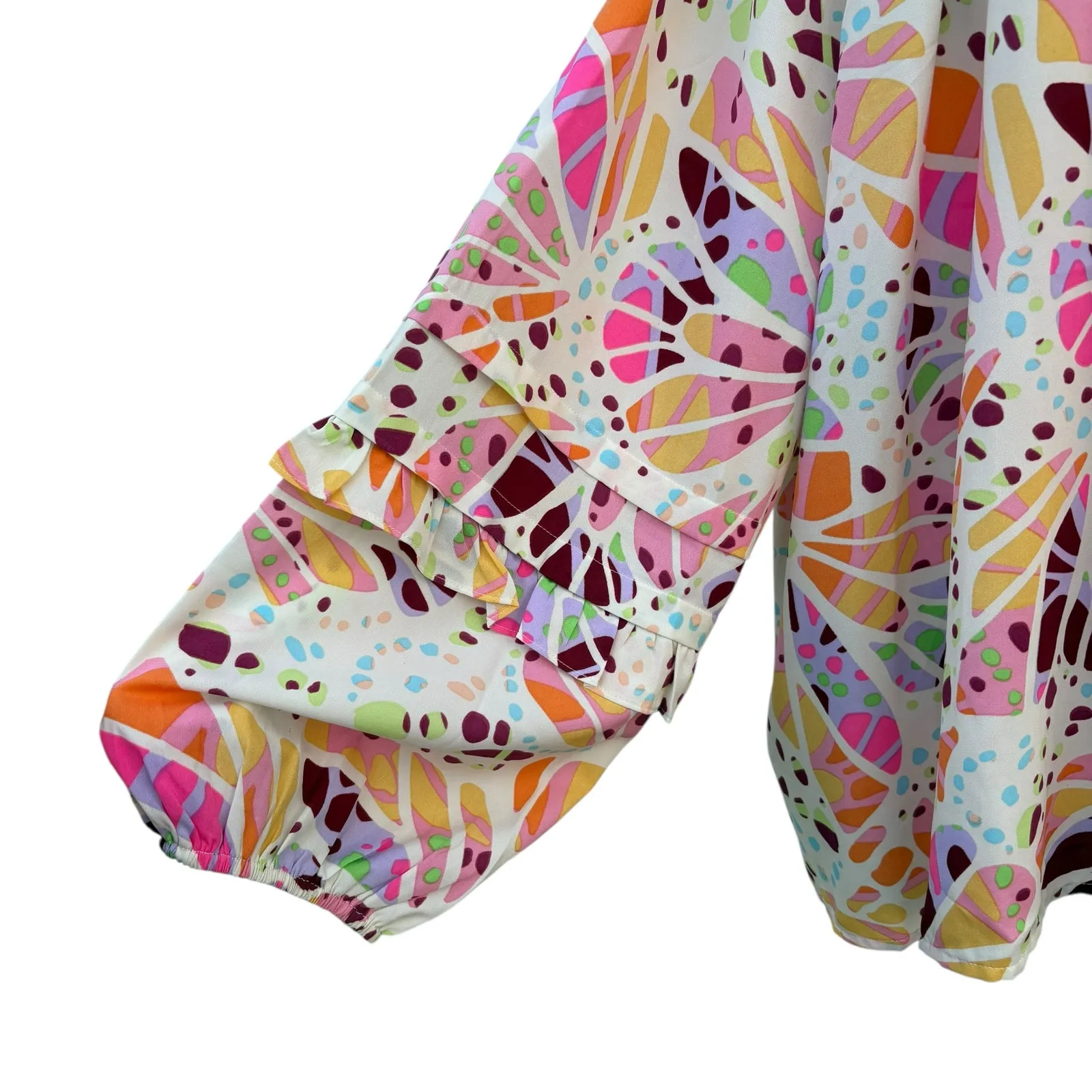 Oddy Shirt Sz 2X Colorful Ruffle Puff Sleeve Blouse Pink Whimsical Relaxed Boho - Image 3