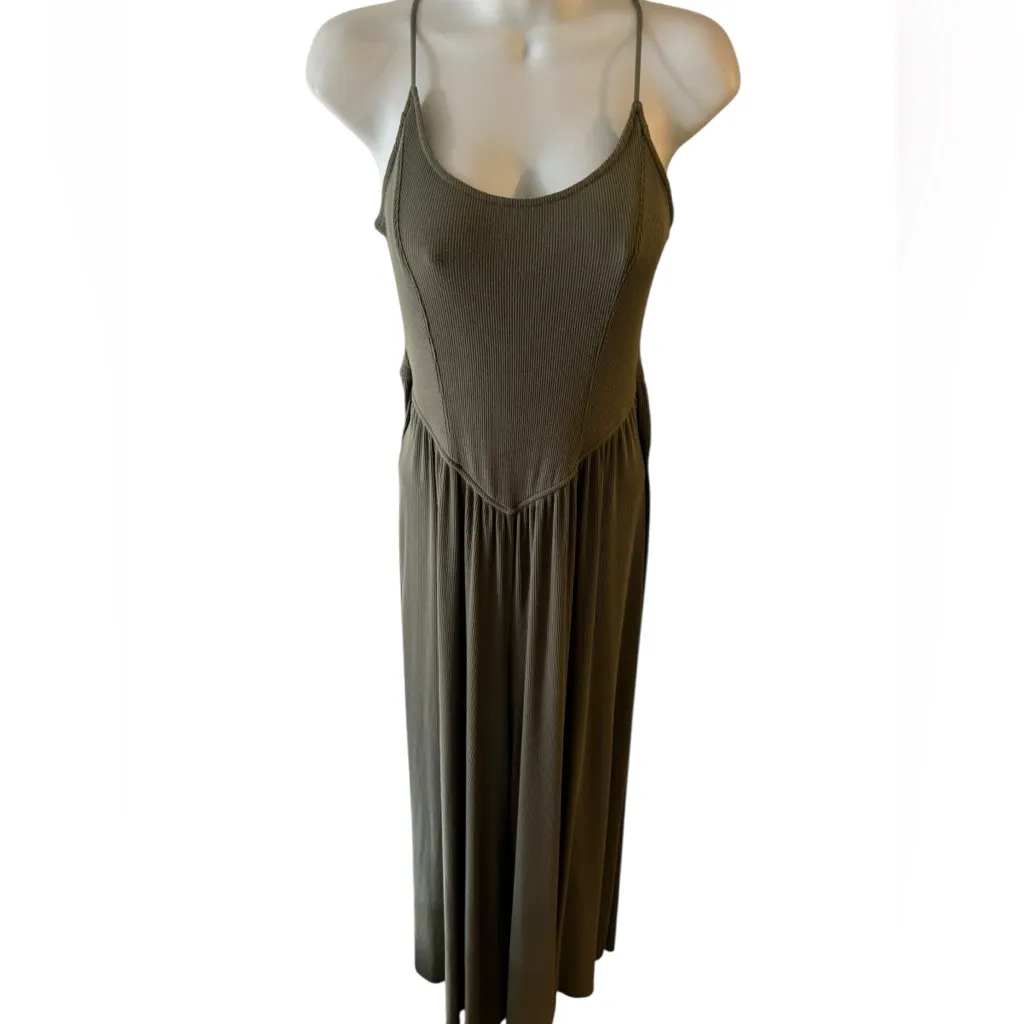 AE Soft and Sexy Rib Wide-Leg Jumpsuit Sz L Olive Green Stretch Comfy Relaxed - Image 5