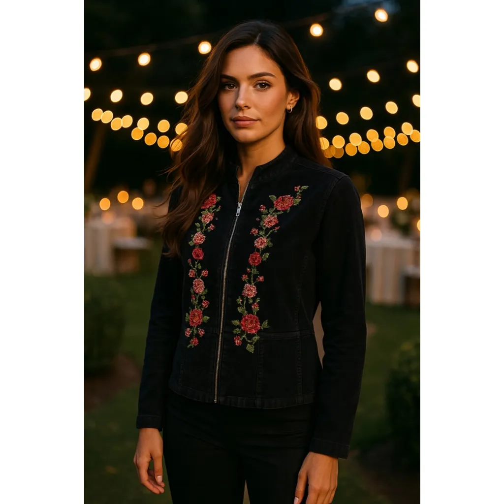 Christopher & Banks Black Corduroy Floral Embroidered Jacket Garden Soirée Boho - Image 2