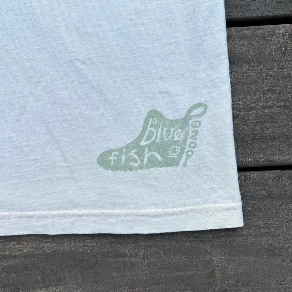 RARE Vintage Blue Fish Clothing Graphic Tee Oversized Cream Shoes T - Image 5