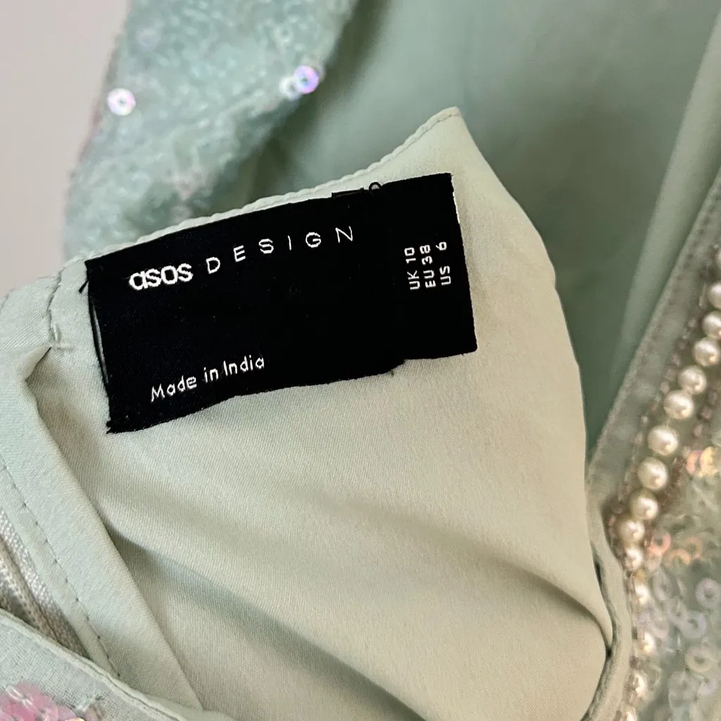 ASOS DESIGN Halter Mini Dress With Embellished Butterfly Artwork in Blue US 6 - Image 6