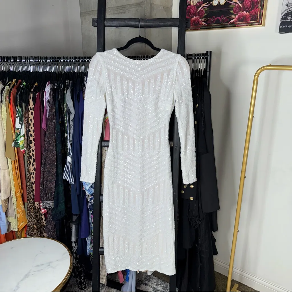 Dress The Population Emery Sequin Placement Dress White Long Sleeve Midi - Image 2