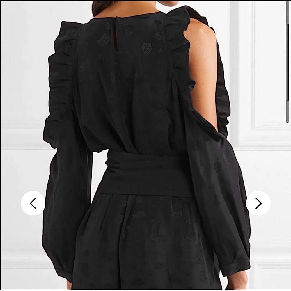 MAJE Rod Black Jacquard Viscose Cold Shoulder Mini Dress Ruffle Paisley LBD chic - Image 5