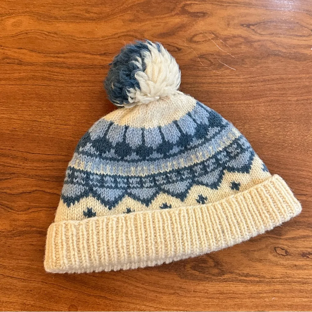 Gunn Reiss Handmade Norwegian Wool Beanie – Blue & Cream Fair Isle Pom Hat - Image 2