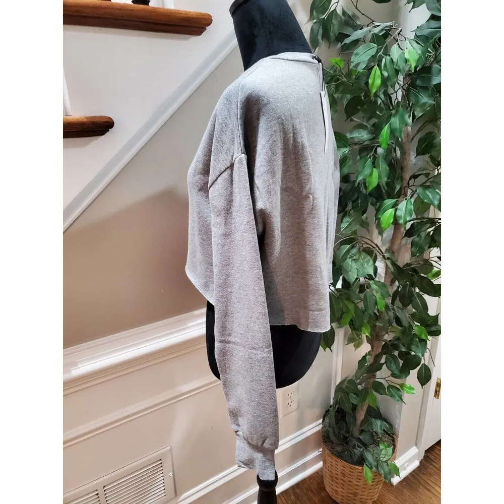 Socialite  Gray Solid Cotton Long Sleeve Cropped Crew Neck Pullover Sweater Small - Image 5