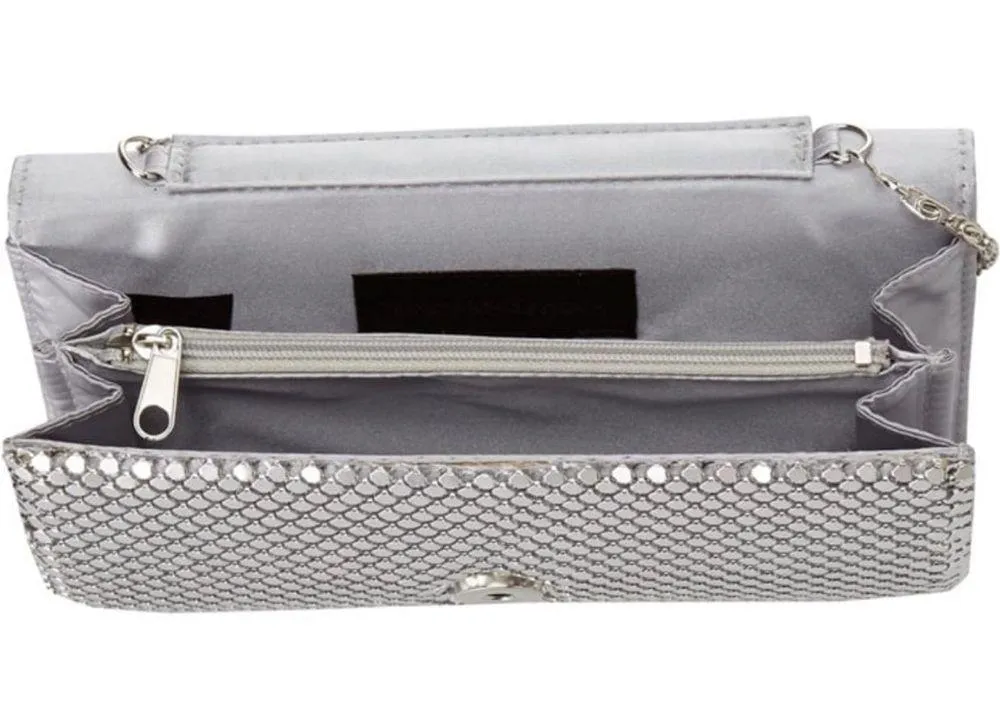 Jessica McClintock Metal Mesh Roll Bag Clutch Purse Crossbody Silver Chain - Image 3