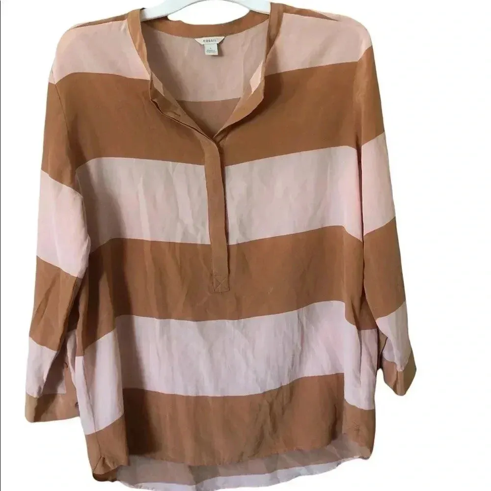 Fossil neutral striped Crew Neck silk  Blouse classic preppy timeless Old Money - Image 2