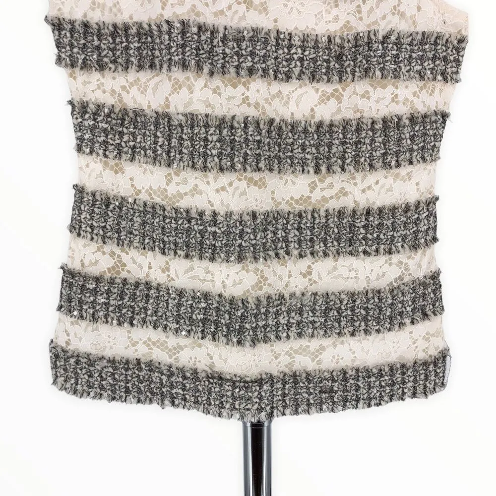 J Crew Fringe Stripe Tweed Trim Cream Lace Grey Sleeveless Tank Top NWT Size XS - Image 4