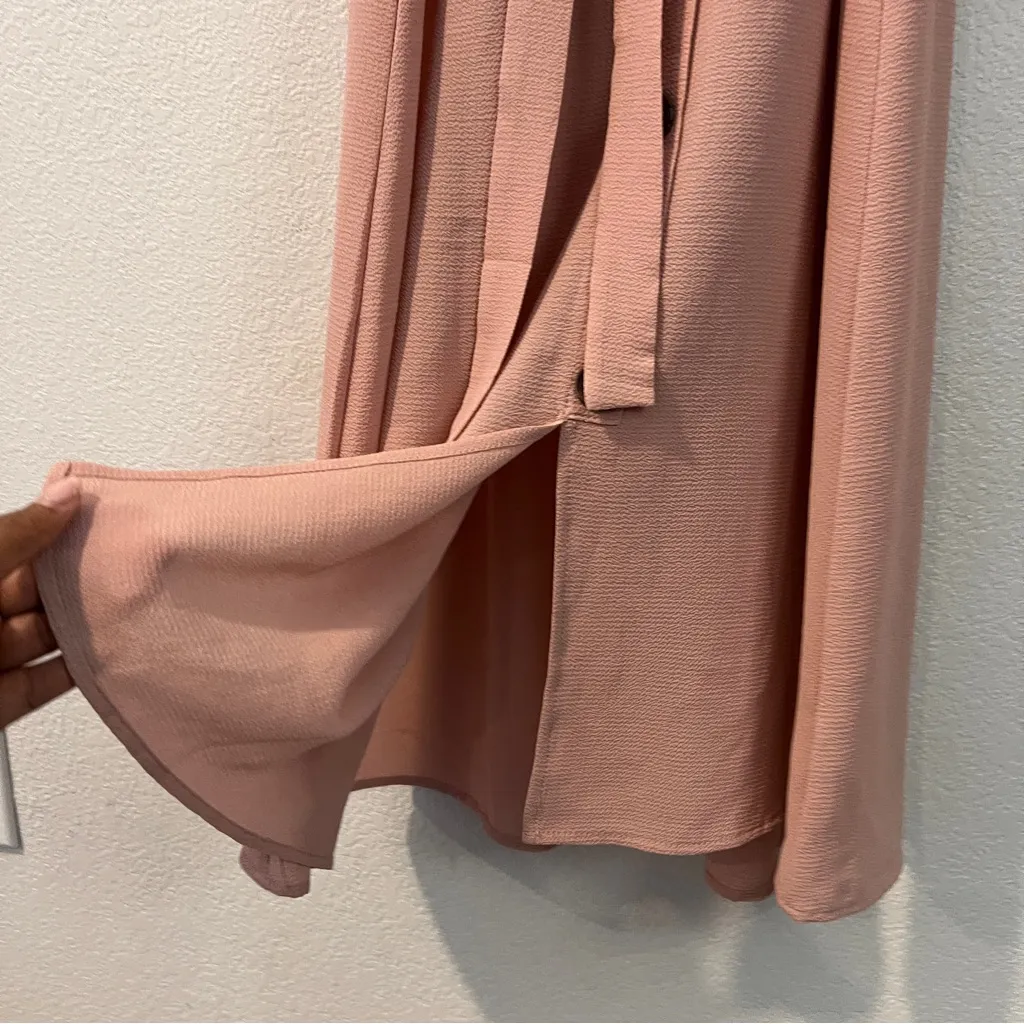 Monteau Pink Crepe Chiffon Button Front V-Neck Flutter Cap Sleeve Midi Dress‎ L - Image 4