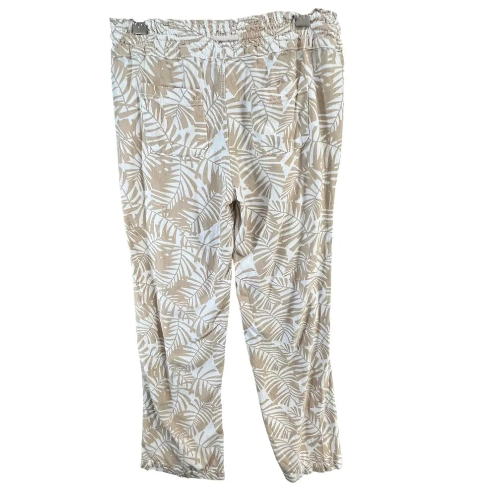 Cali 1850 Linen Beach Pants Womens M Tan White Leaf Smocked Pull On Coconut Girl - Image 6