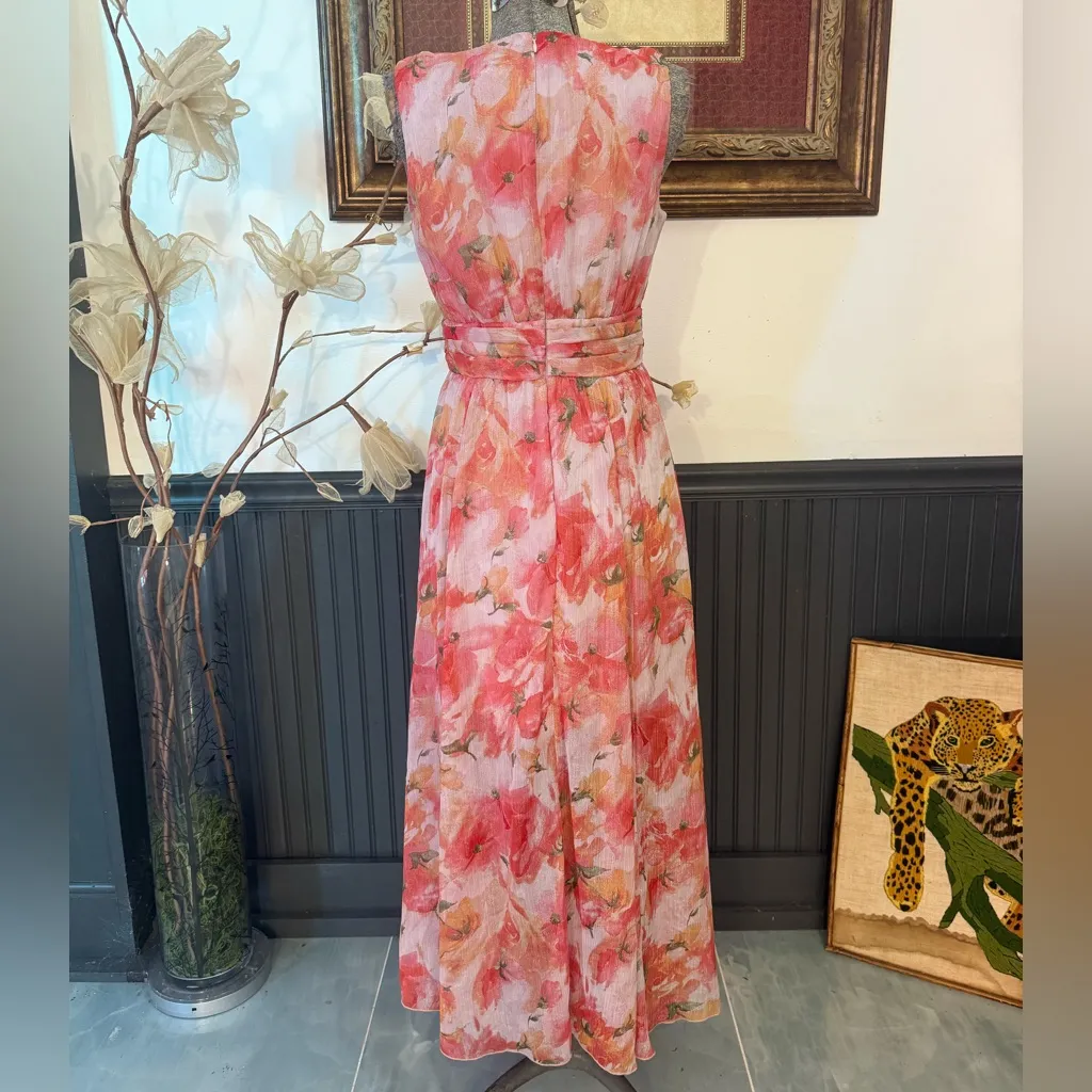 Alexa B Nites Summer Floral Shimmery Coral Lightweight Maxi Dress ~ Size 6P 💚🍄 Orange - Image 4