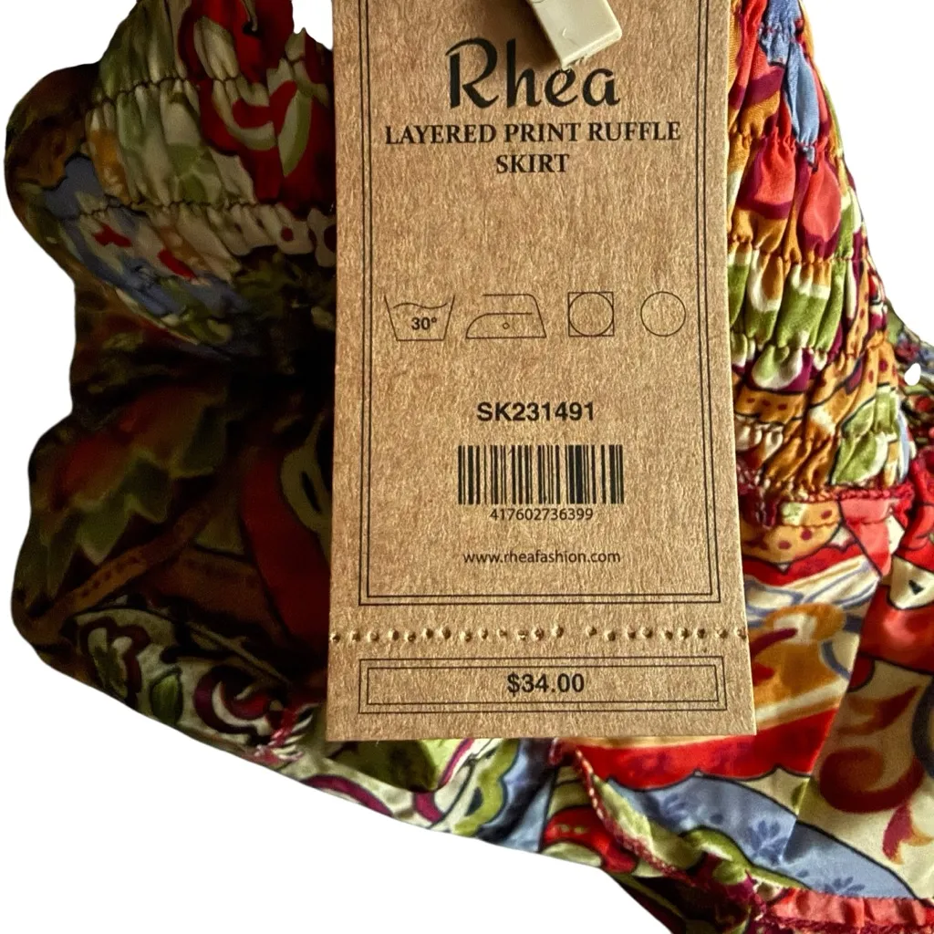 NWT Rhea Vibrant Patterned Layered Ruffle Boho Maxi Skirt, One Size Red Size undefined - Image 6