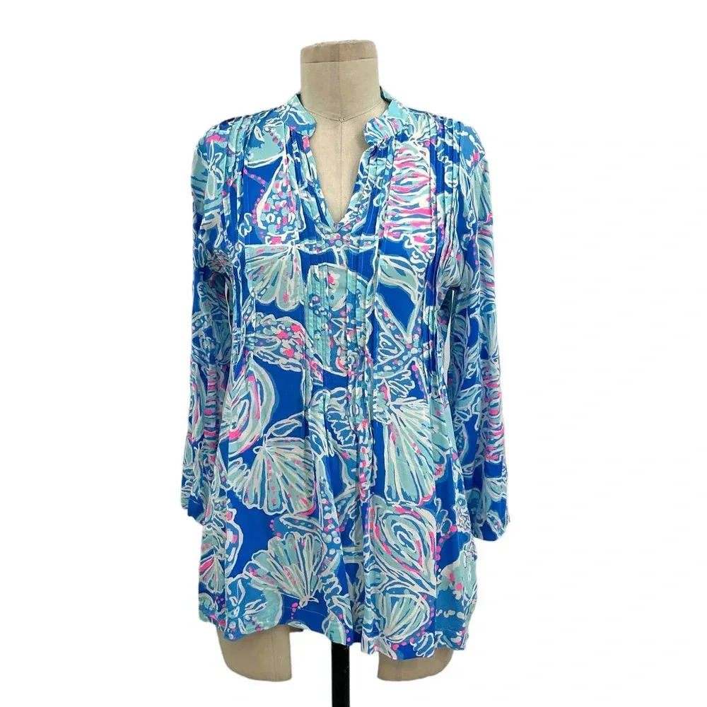 Lilly Pulitzer Sarasota Tunic Top Bay‎ Blue Into the Deep Seashell Print Size XS - Image 3