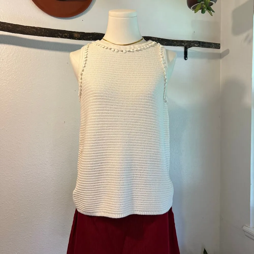 White Cotton Crochet Knit Loose Bubble Trim Sleeveless Tank Vest Size Medium - Image 10