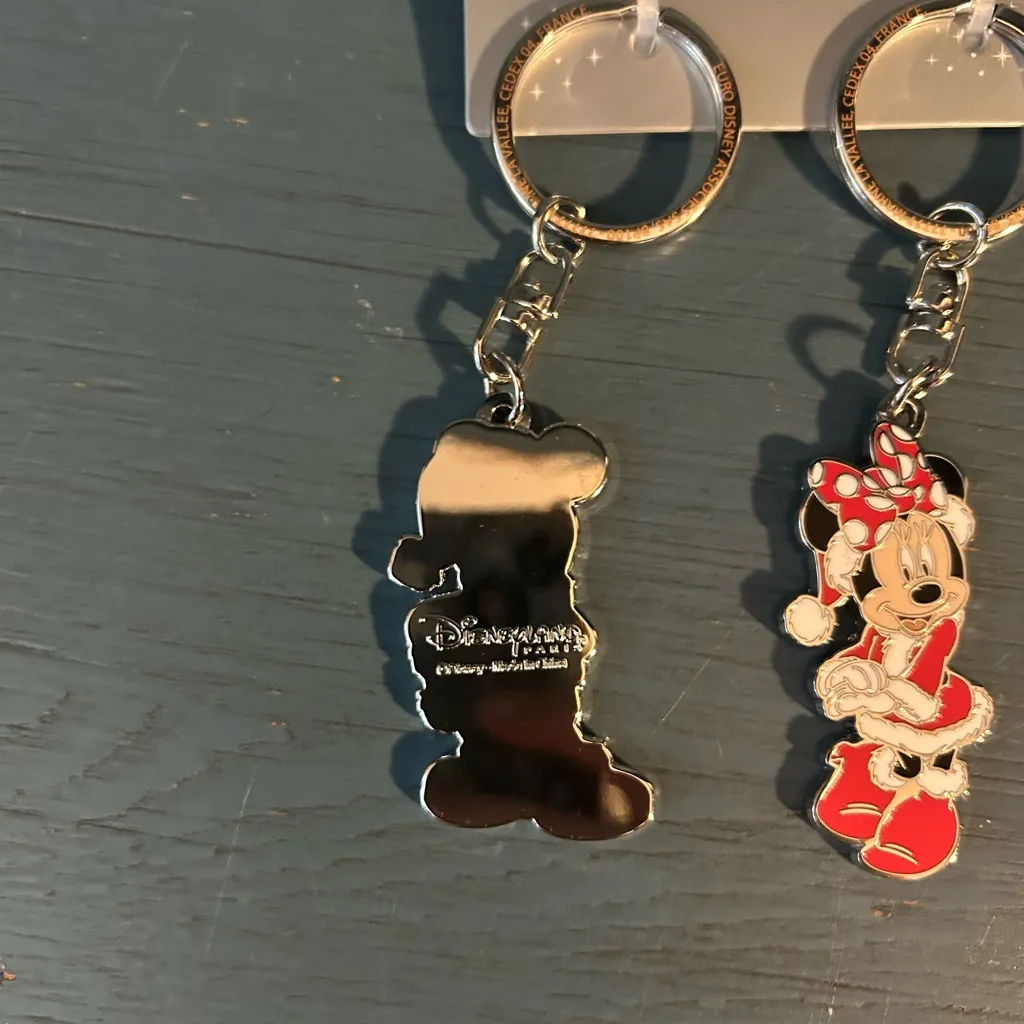 Disneyland Paris Mickey and Minnie Festive Keychains - Silver and Red (New) - Image 3