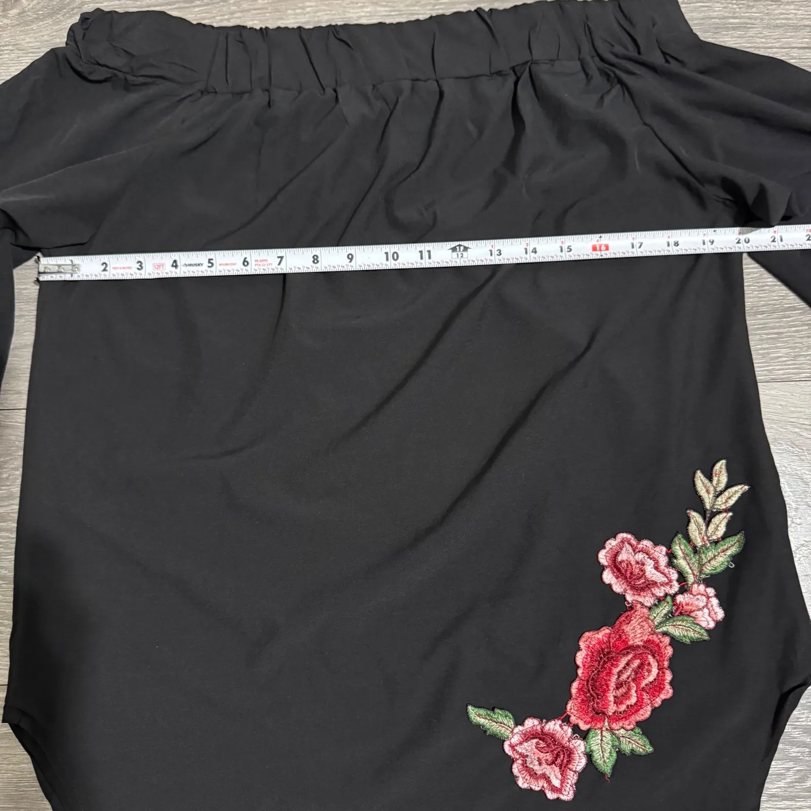 GIBIU USA Bohemian Black Off Shoulder Embroidered Rose Sleeve Tie Goth Top L Size L - Image 8
