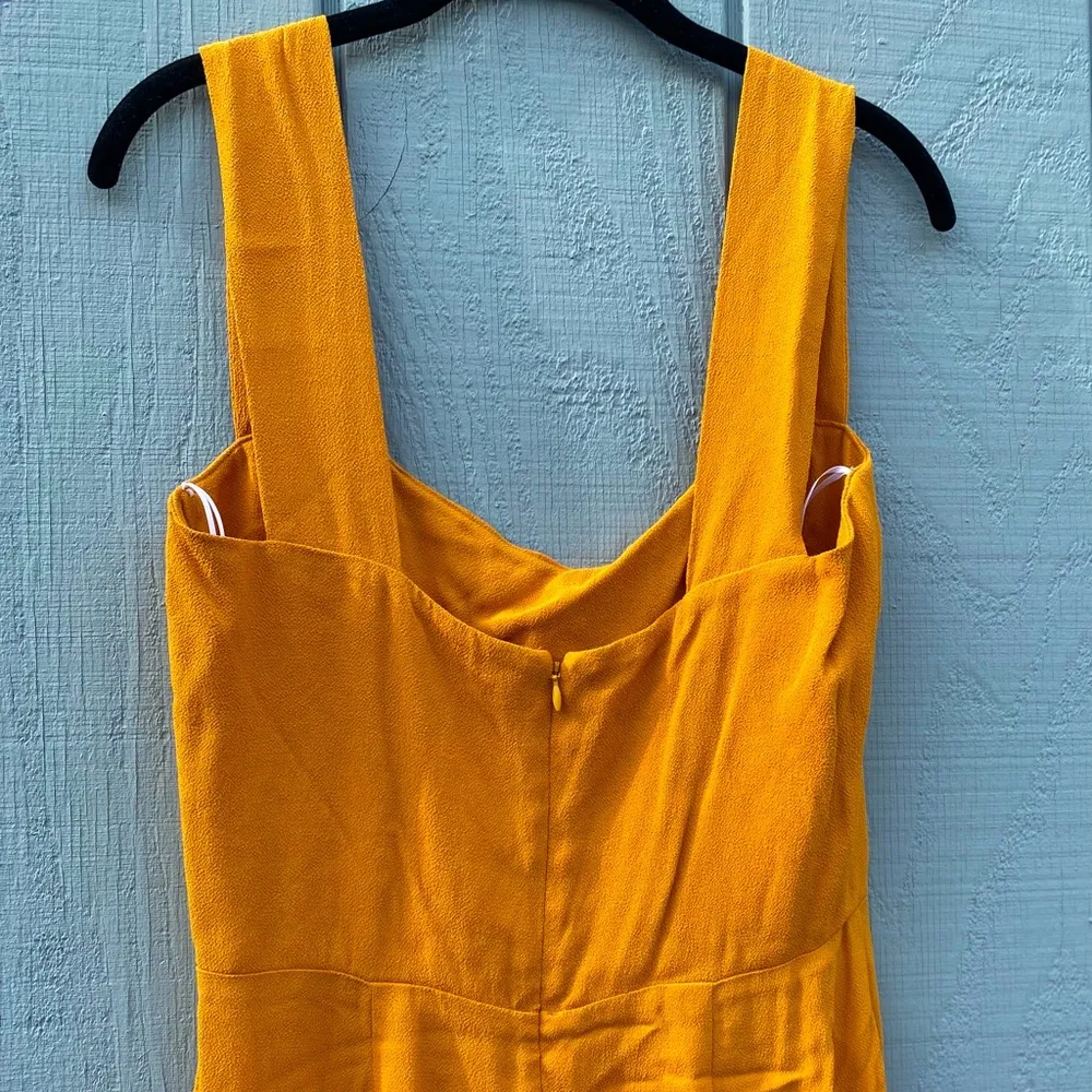 Mustard gold yellow midi dress by Reformation with wide straps and front slit - Image 7