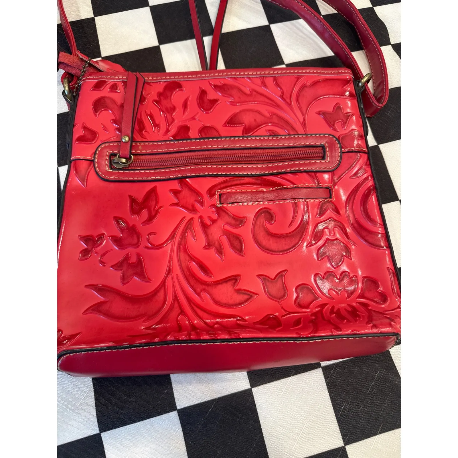 Leather hand tooled MC Embossed Floral Crossbody Purse Women Adjustable Strap Red - Image 3
