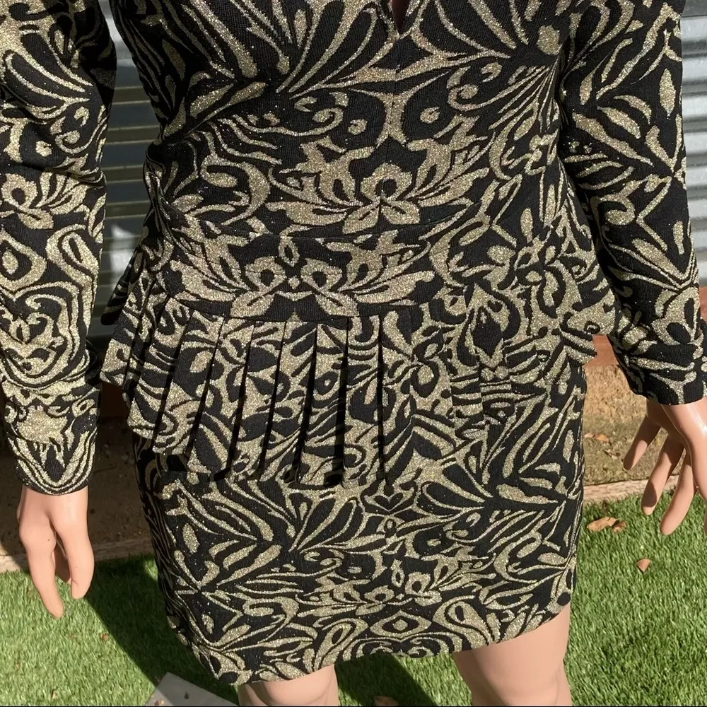 Ganni Schiffer Glitter Print Long Sleeve Peplum Dress Gold Size S NWT - Image 6