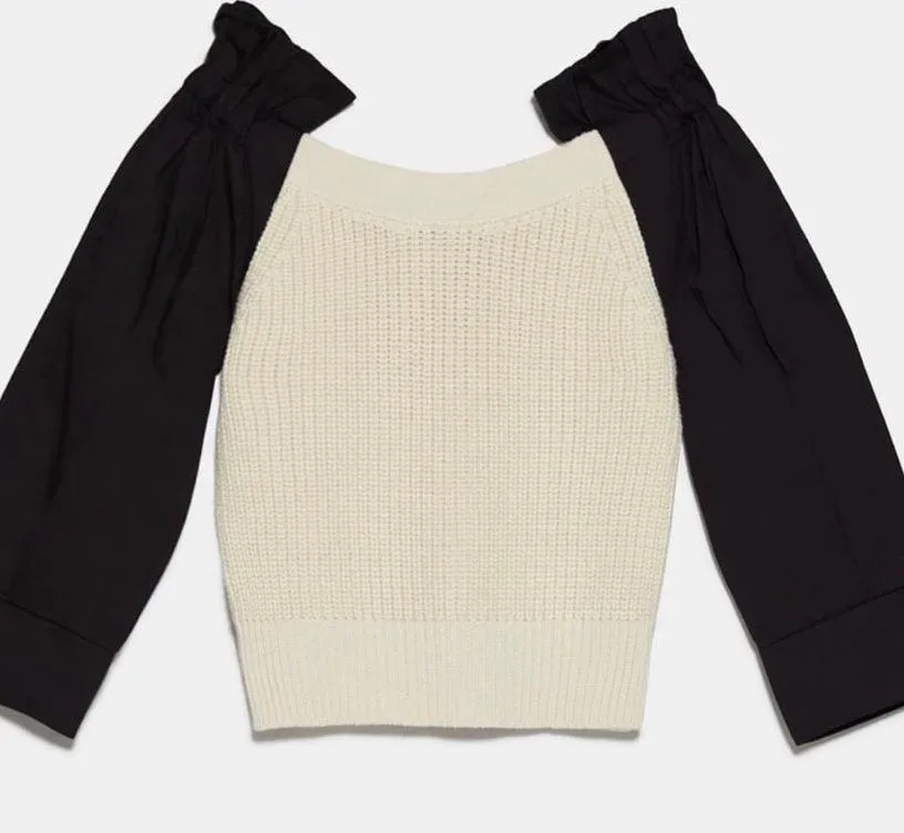 Mixed Puff Sleeve Knit Crop Sweater…Sz: Large - Image 2