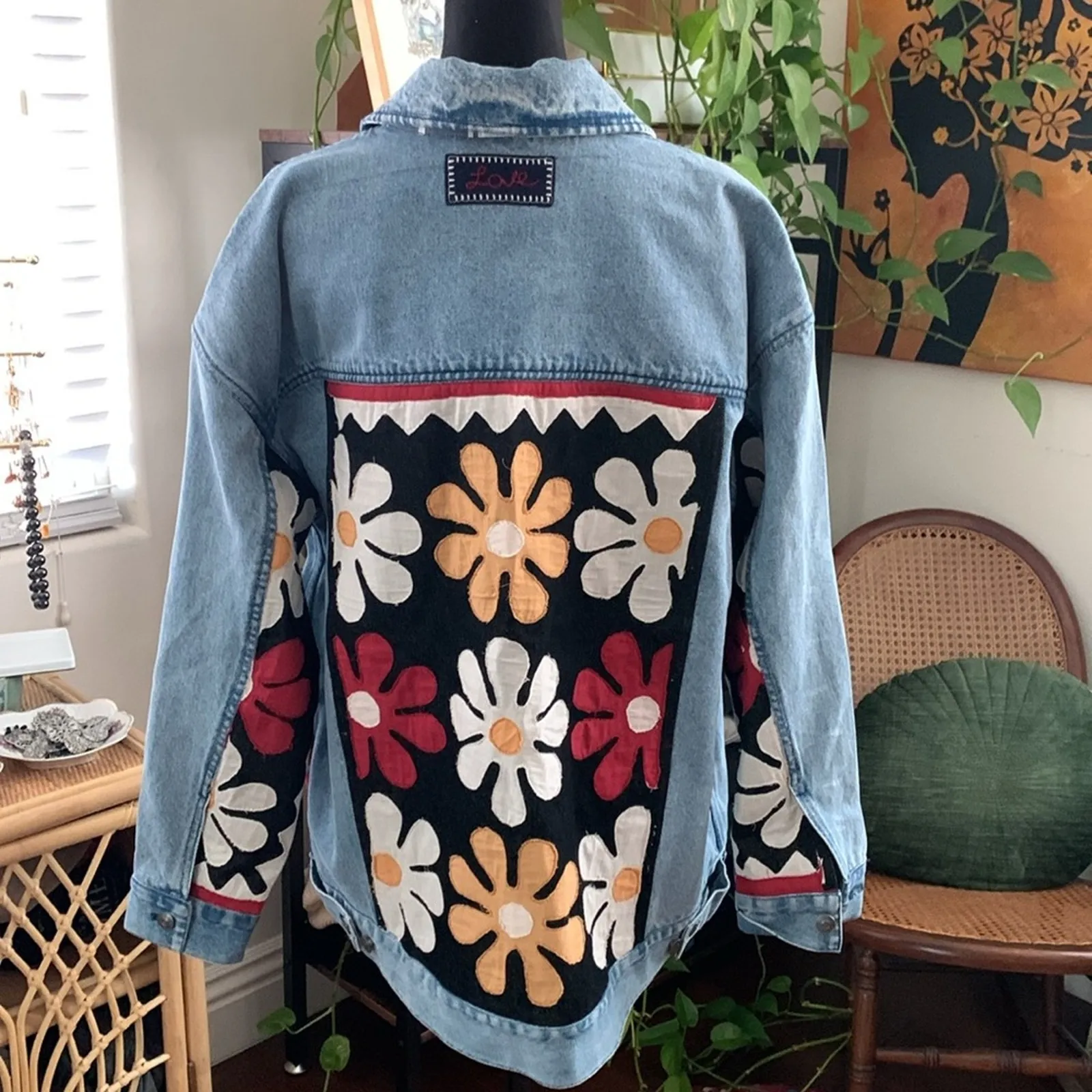 Free People Annie’s Flower Bomb Patchwork Embroidered Groovy Denim Jean Jacket - Image 2