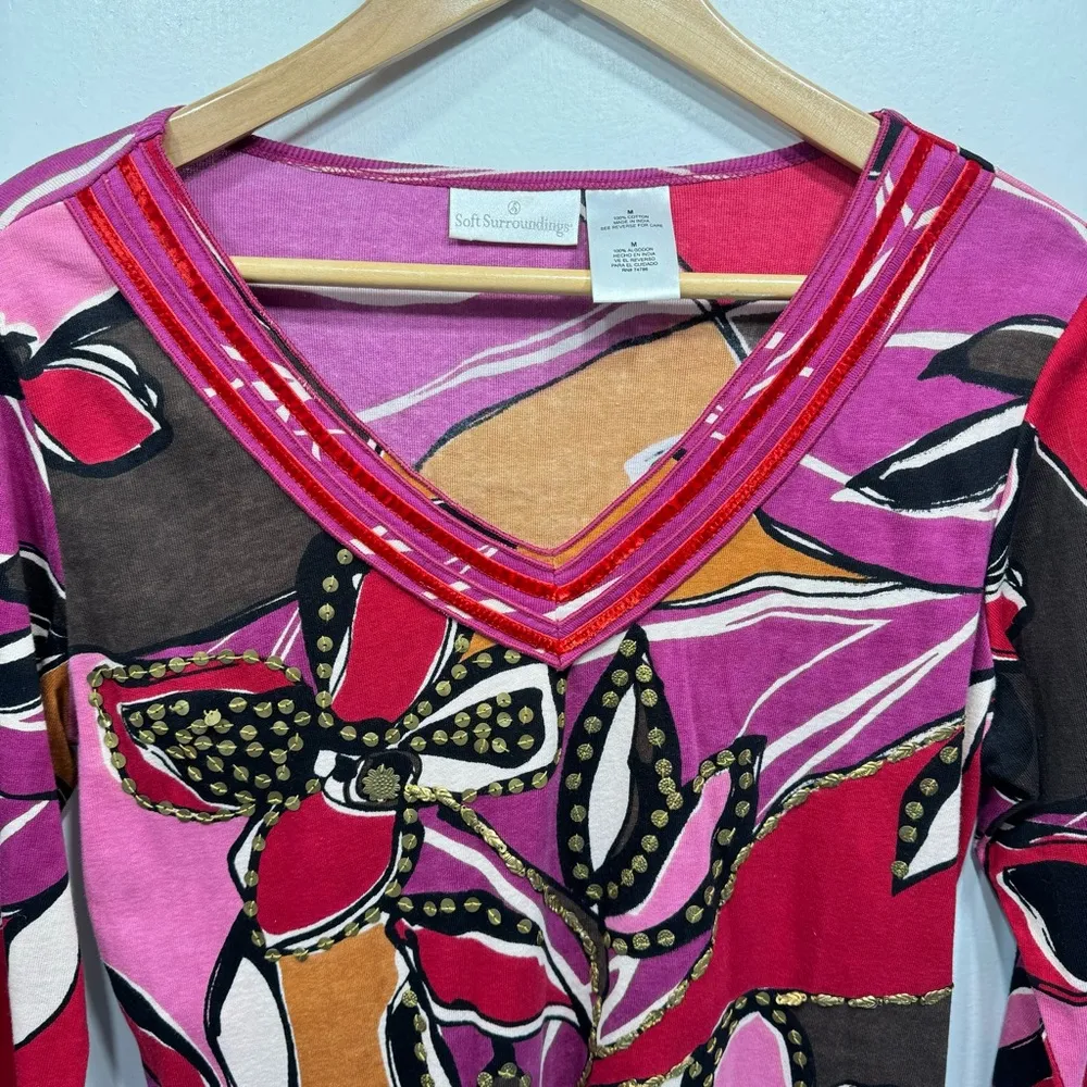 Soft Surroundings Bold Abstract Floral Beaded Sequins 100% Cotton Top Medium - Image 7