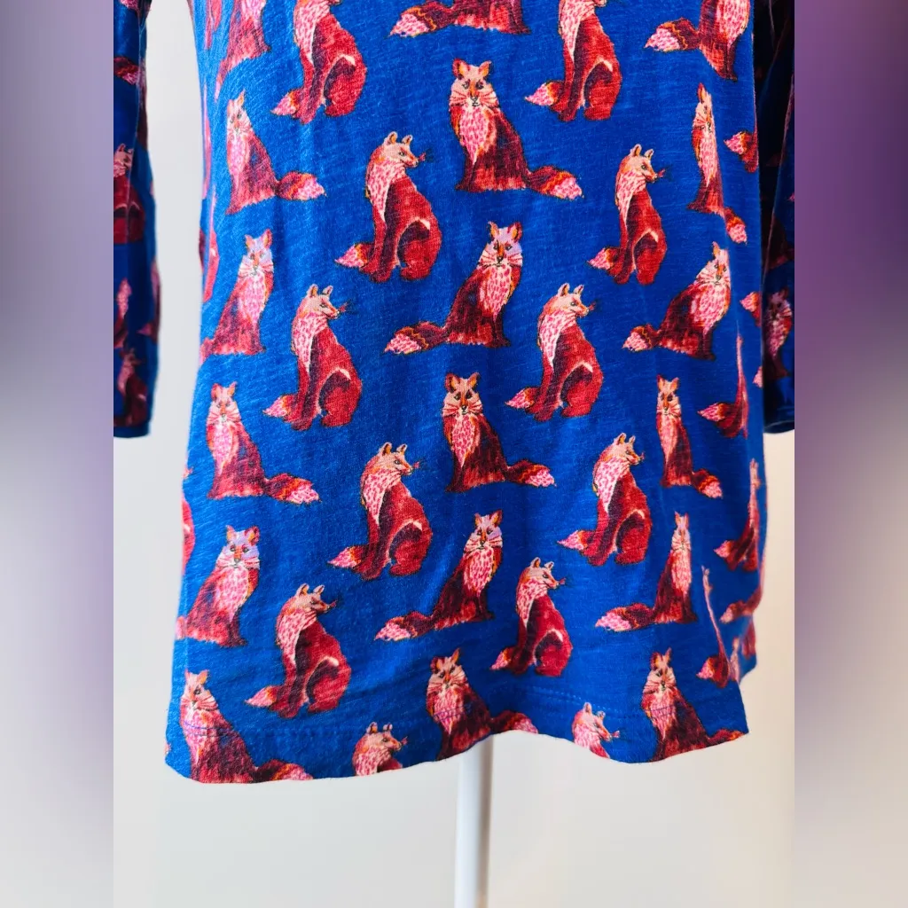 Anthropologie Postmark Forest Fete Fox Print Scoopneck Top Blue Size M - Image 3