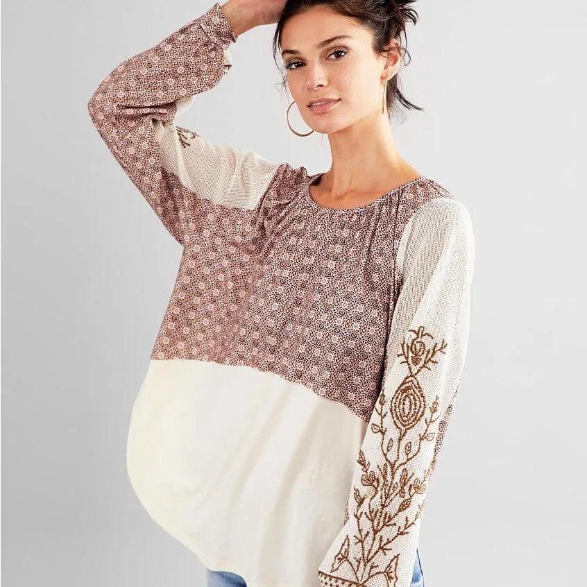 Gimmicks BKE Raw Edge Pieced Top in Creme Multi BOHO Peasant Prairie Sz S - Image 2