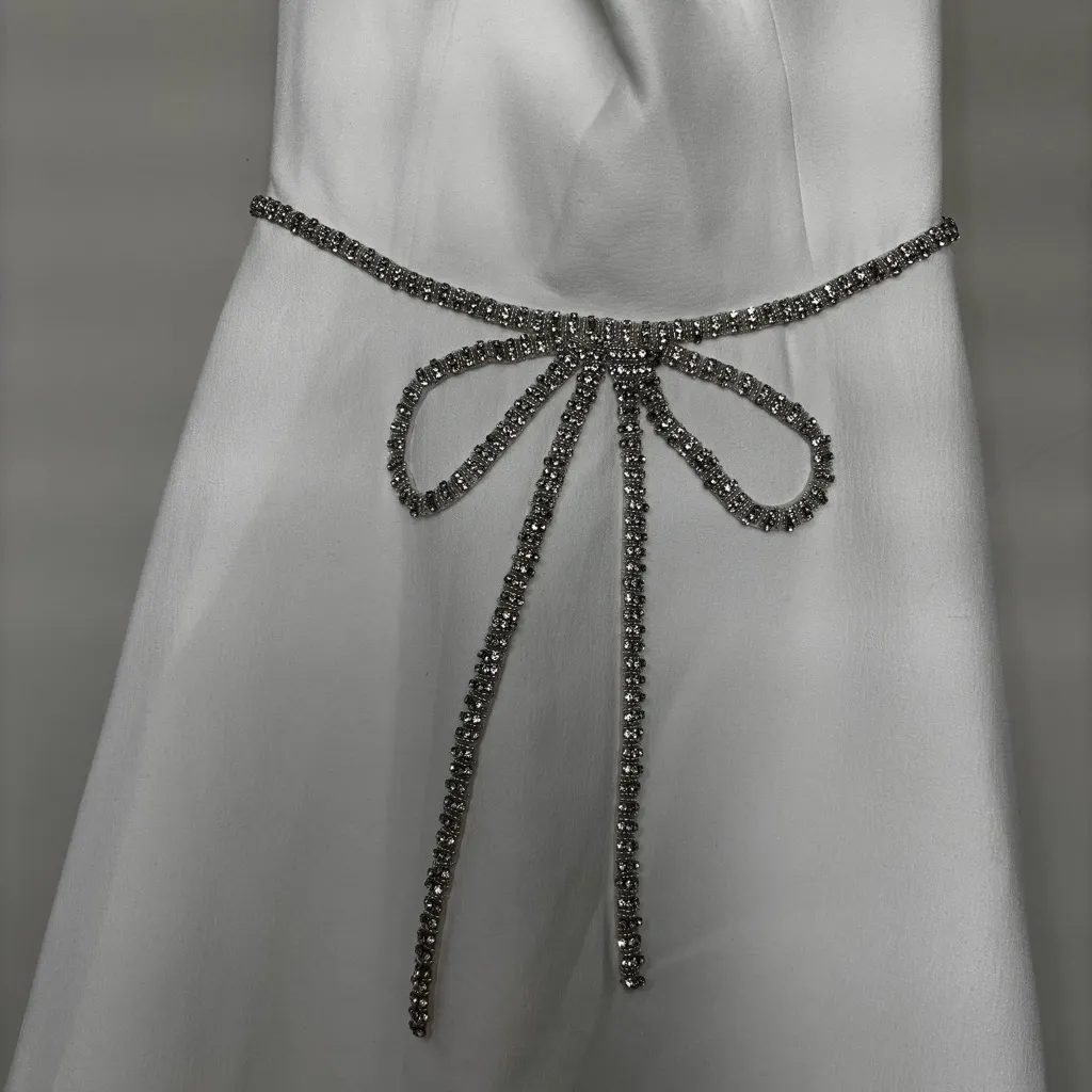 HELSI Grace Sweetheart Strapless Crystal Bow White Midi Dress XS - Image 5