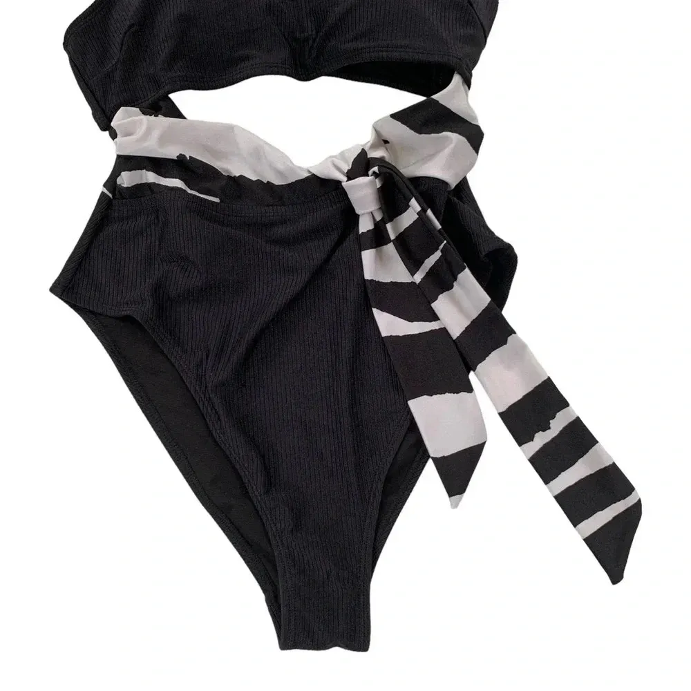 River Island Cut Out Tie Waist Bandeau One Piece Swimsuit Black Size 8 NWT - Image 7