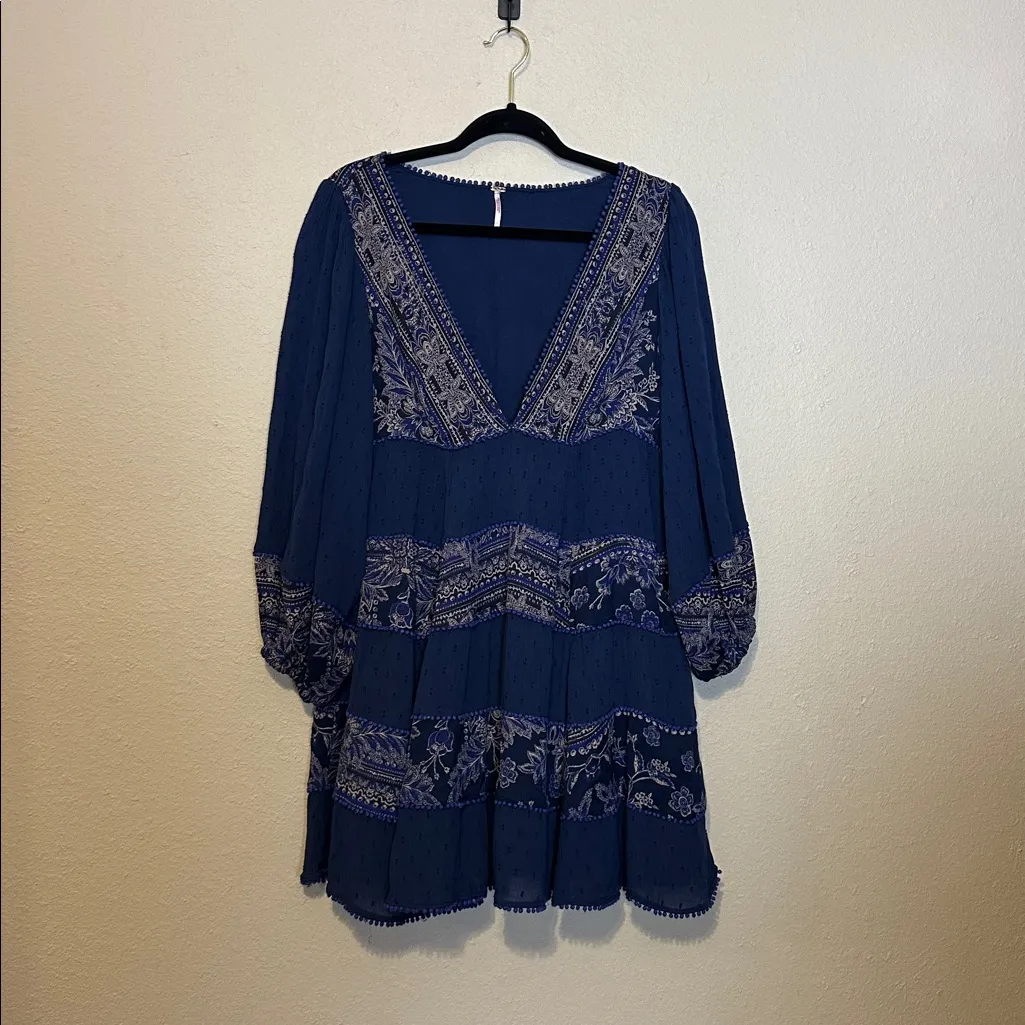 Free People My Love Mini Dress Blue Embroidered Size Small - Image 4