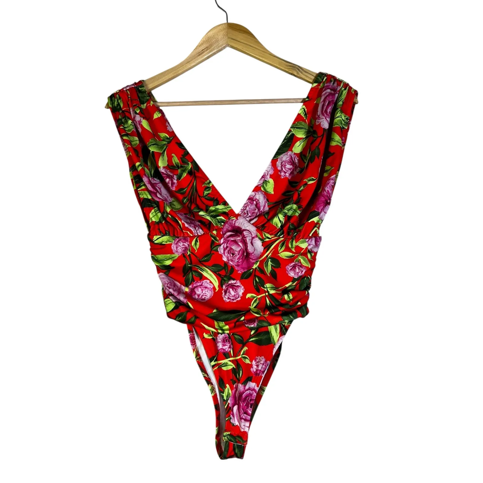 NWT Zara Bodysuit Womens S Red Floral Plunging V-Neck Ruched Stretch Tropical - Image 2