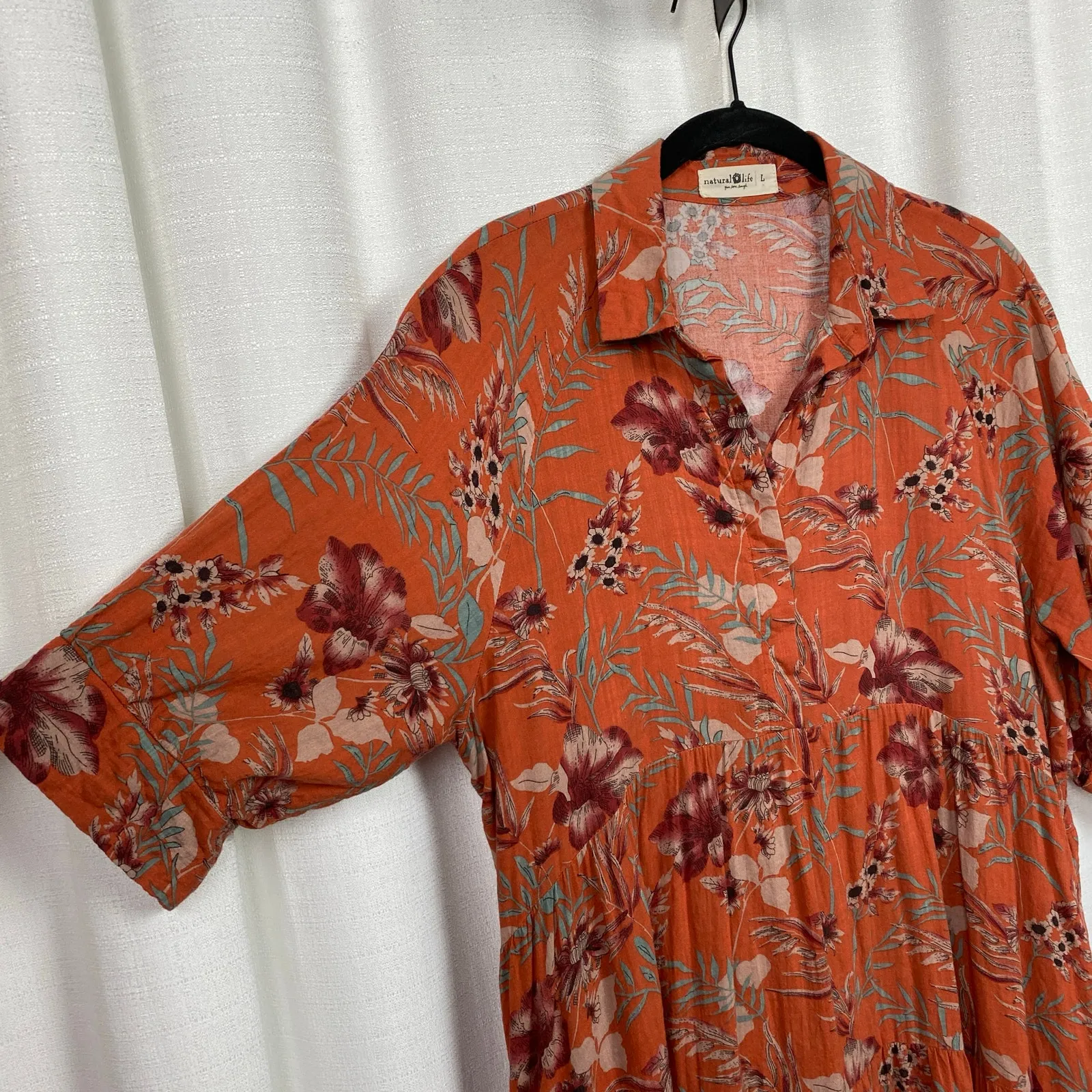 Natural Life Orange&Brown Floral Rebecca Tiered Midi Dress Sz.L - Image 9