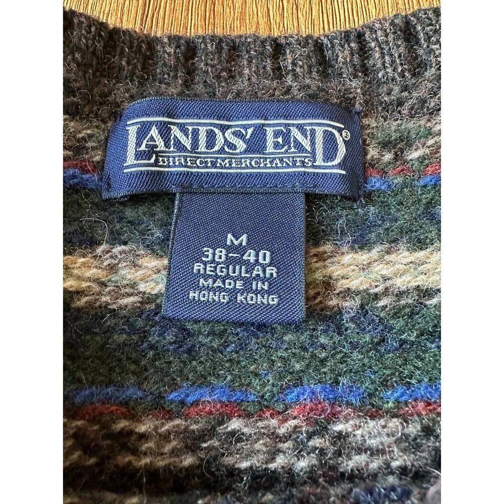 Lands' End Vtg Lambs Wool Green Patterned Sweater Size Medium - Image 2