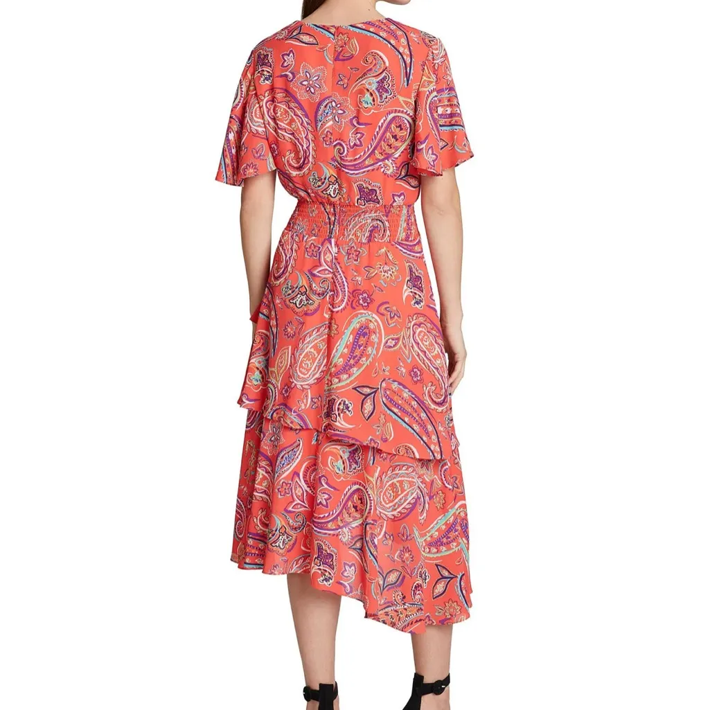 New Tahari ASL Women's Ruffle Sleeve V-Neck Smocked Waist Tiered Dress - Image 2