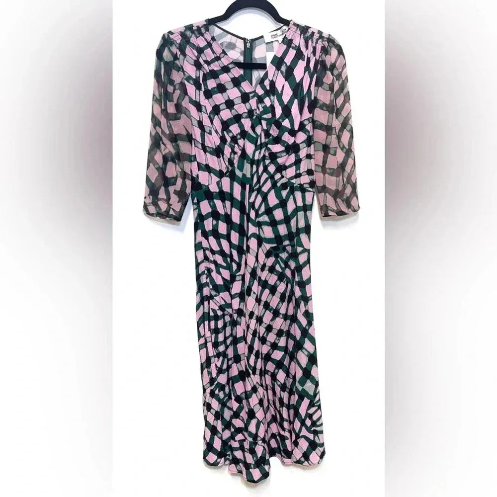 NWT Diane von Furstenberg Idris Long-Sleeve Eco-Crepe Midi Dress Floating Plaid - Image 5