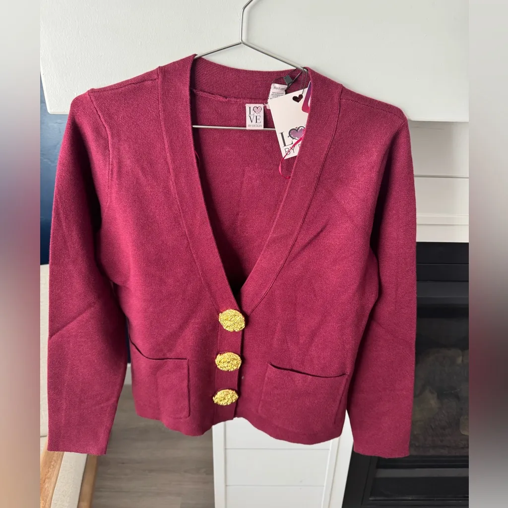 Love By Design Cream Puff Cardigan Sour Cherry Medium NWT  With Patch Pockets - Image 4