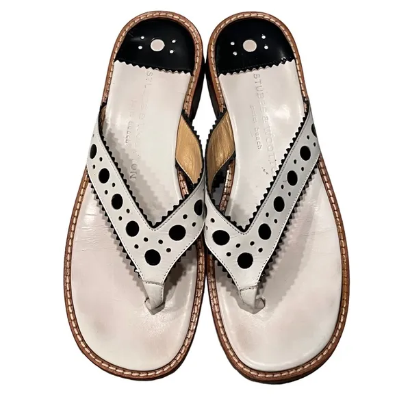 Stubbs And Wootton White & Black Dot Leather Thong Sandals Size 8.5 - Image 2