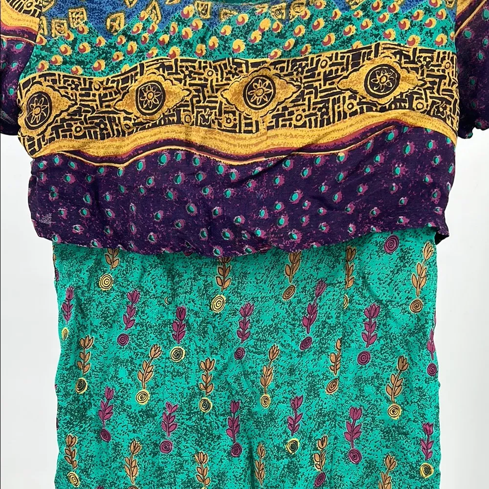 Karin Stevens Teal purple Gold vintage 90s Patterned Dress floral rayon 8 retro - Image 7