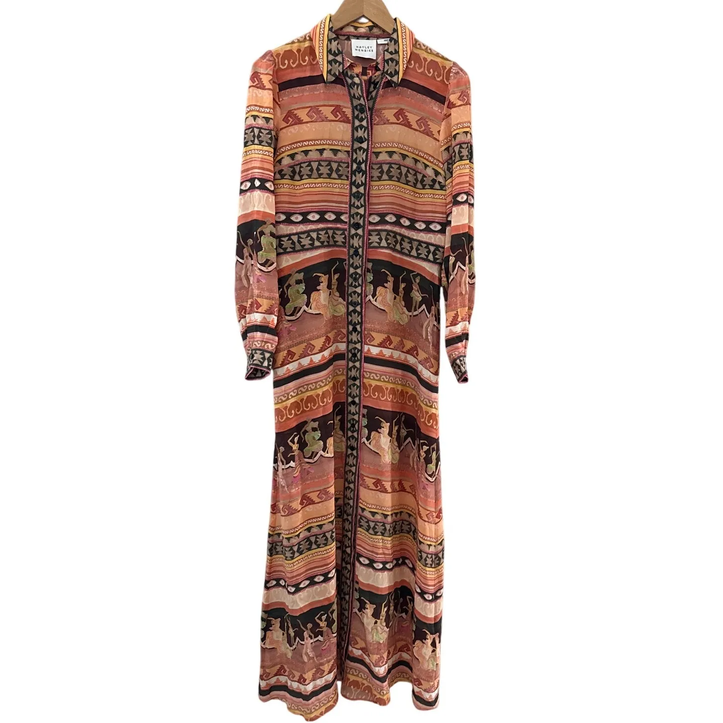 Hayley Menzies Silk Dancing Ladies Print Maxi Shirt Dress Pockets Size Medium Pink - Image 11