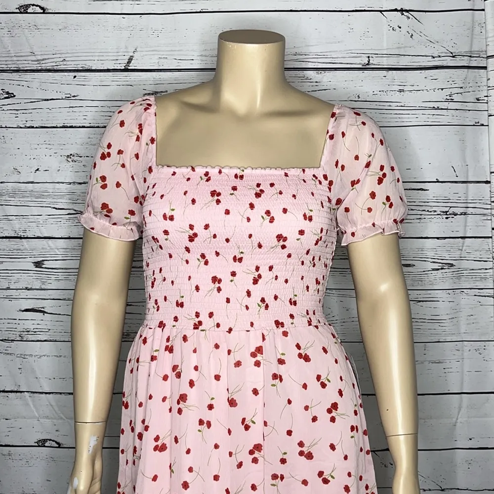 Lush NWT Size XL Pink - Red Floral Print Flounce Hemline Smock Elastic Dress - Image 2