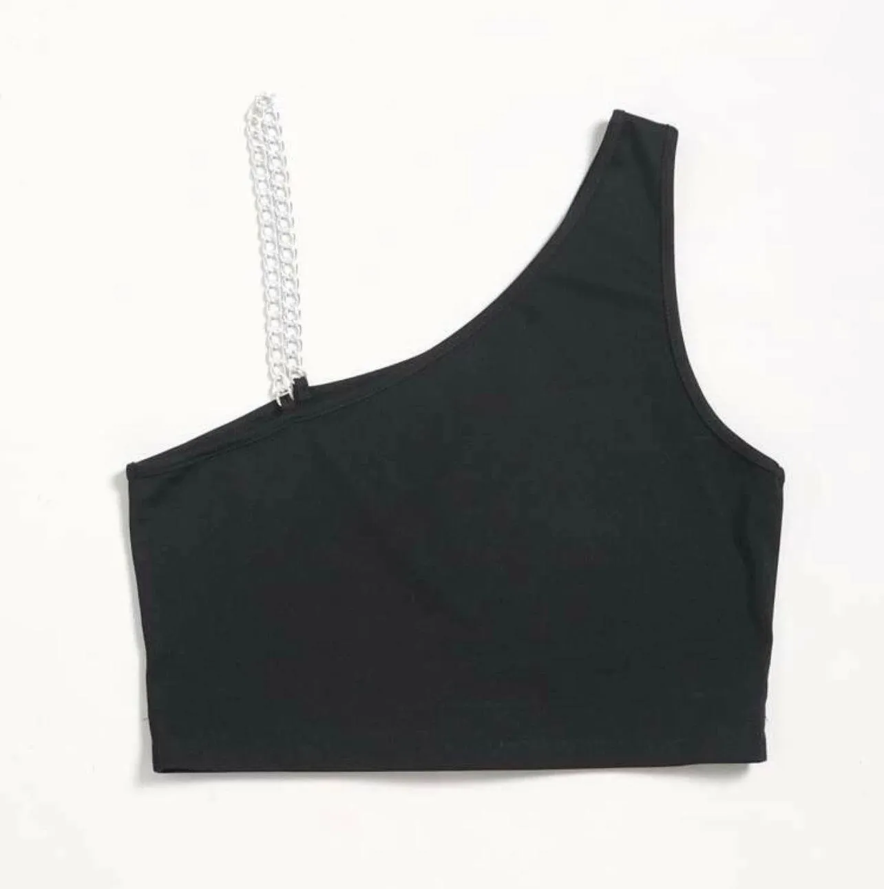 One Shoulder Chain Crop Top Black - Image 3