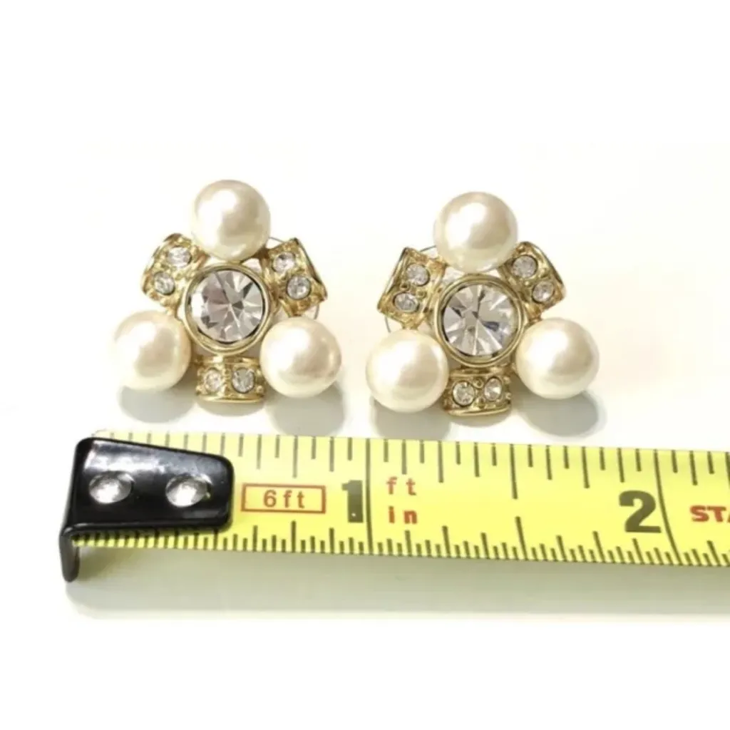 Gold Tone MONET Swarovski Crystal Rhinestone Faux Pearl Pierced Earrings - Image 9