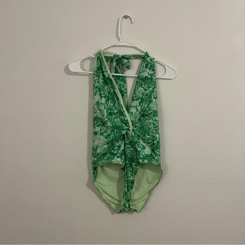 Ganni Green Floral Halter V-neck One Piece Swimsuit - Image 4