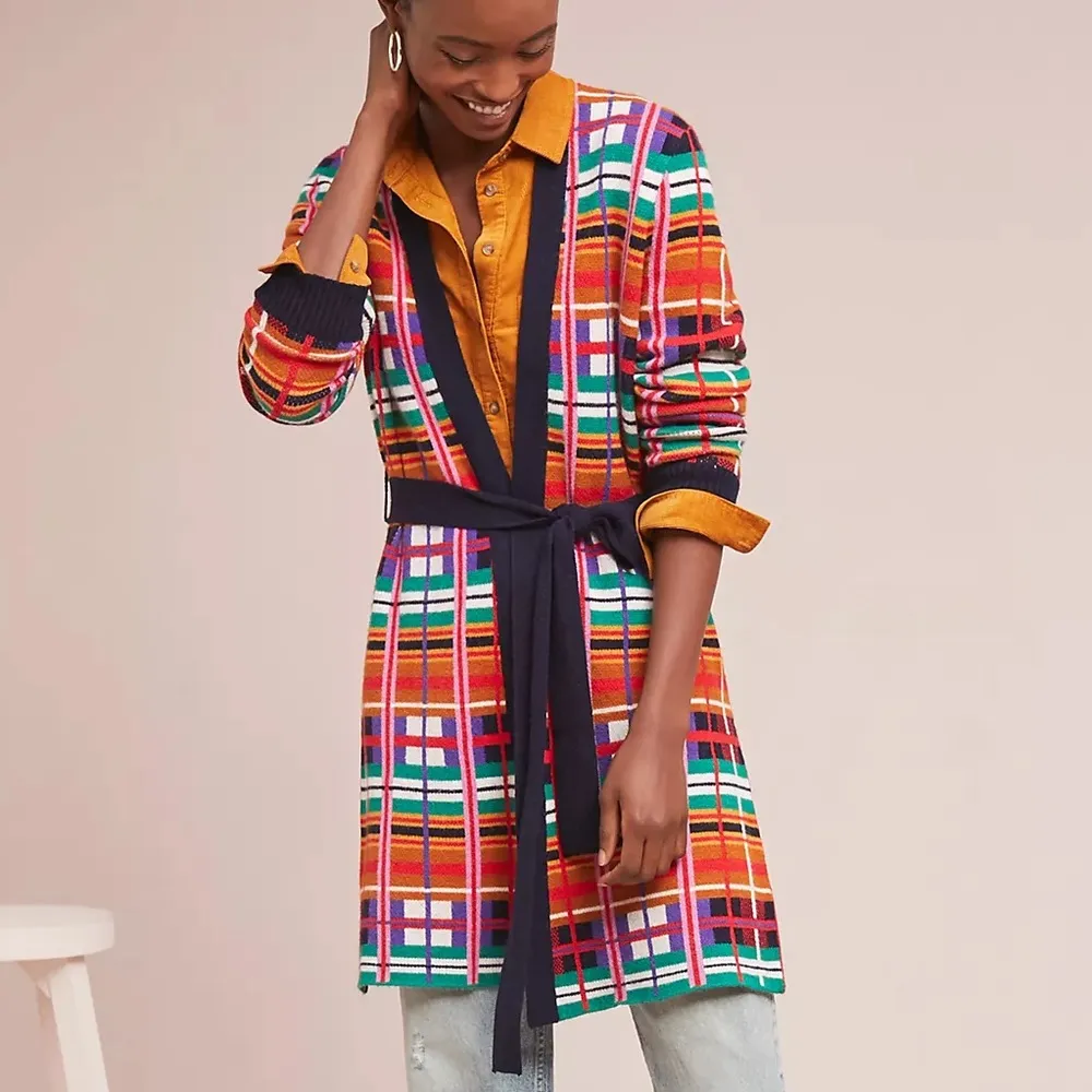 Anthropologie Moth Williston Plaid cardigan colorful knit tie waist coat sweater Red Size M - Image 7